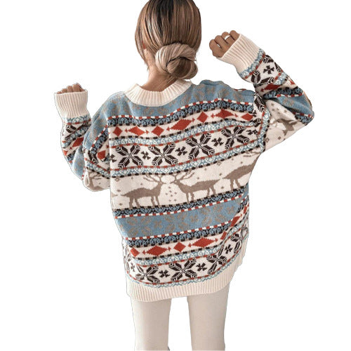 Weihnachtspullover für Damen mit Jacquardmuster und Rundhals, locker geschnitten