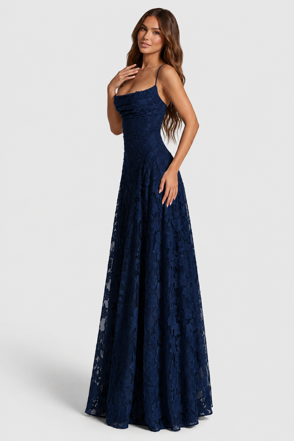 Erhöhtes 3D Blumen-Spitzen A-Linie Midi-Maxi-Kleid mit Drapiertem Ausschnitt