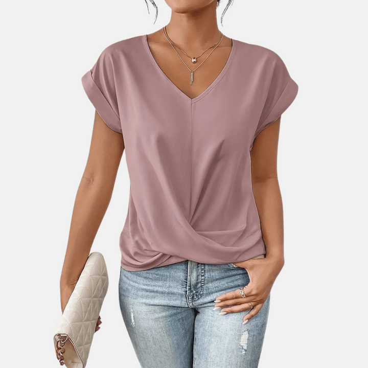 Damenbluse mit V-Ausschnitt und drapiertem Saum