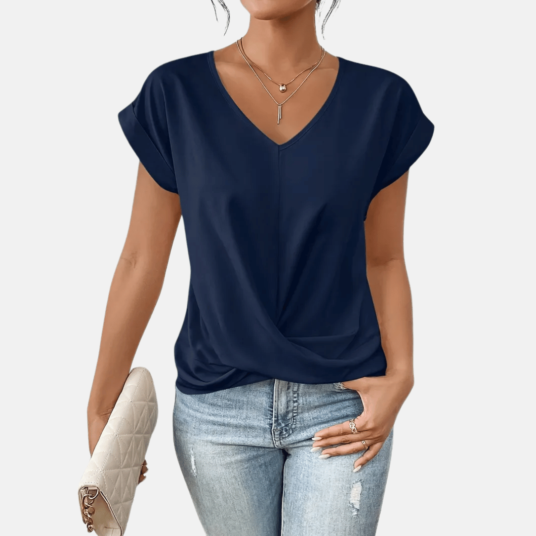 Damenbluse mit V-Ausschnitt und drapiertem Saum