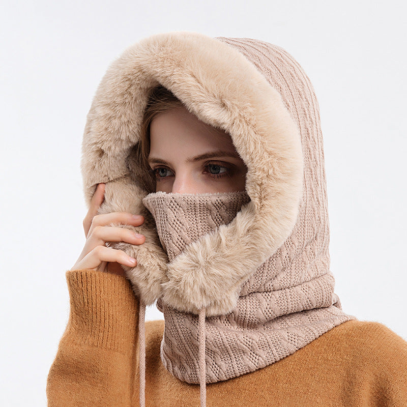 Plüsch-Kapuzenmütze mit Schal für Damen – warm und winddicht