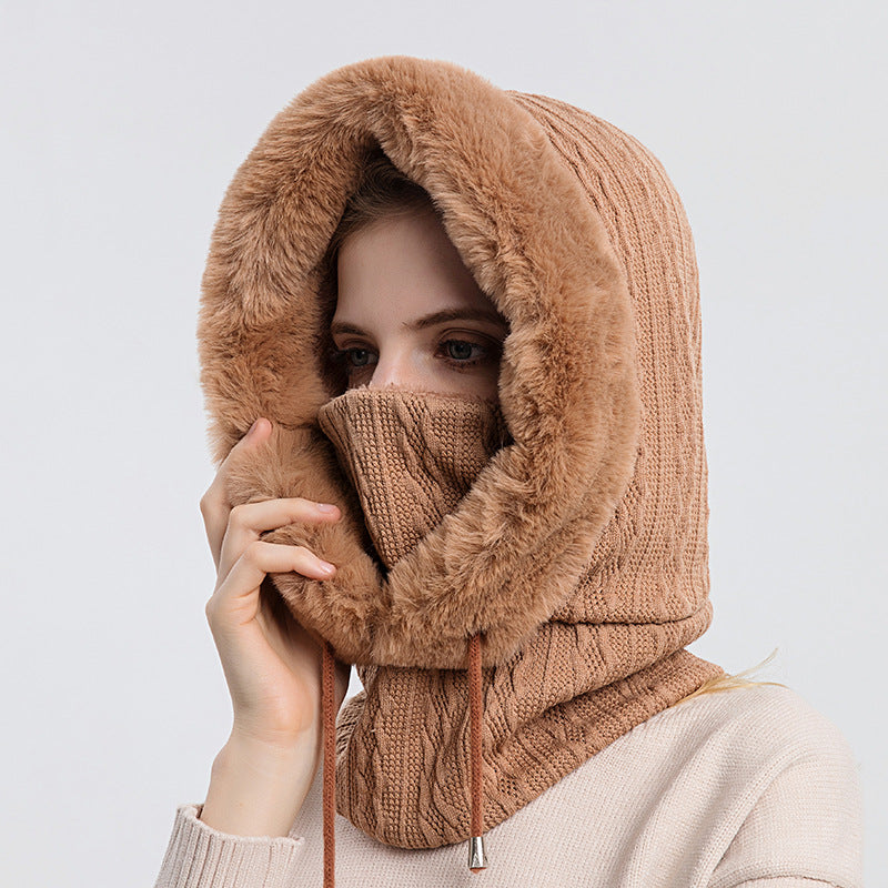 Plüsch-Kapuzenmütze mit Schal für Damen – warm und winddicht