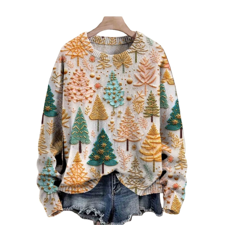 Damen Strickpullover mit Baum-Muster und Rundhalsausschnitt