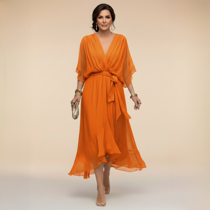 Elegantes, fliessendes Midikleid für Damen – V-Ausschnitt & verstellbare Taille