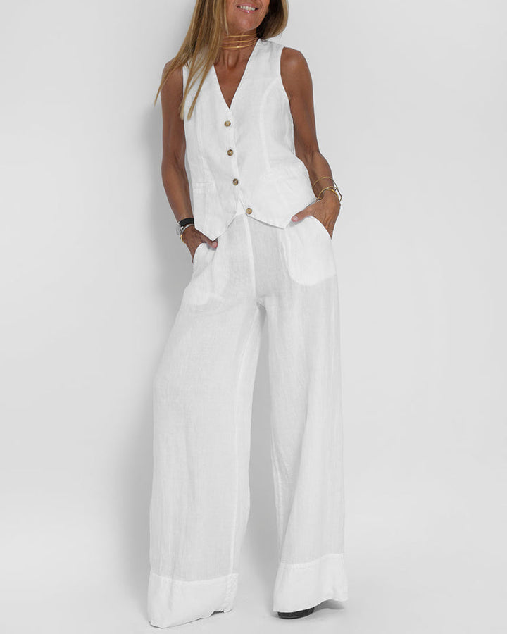 Leinen 2-teiliges Set mit weiter Hose und Weste – Alma