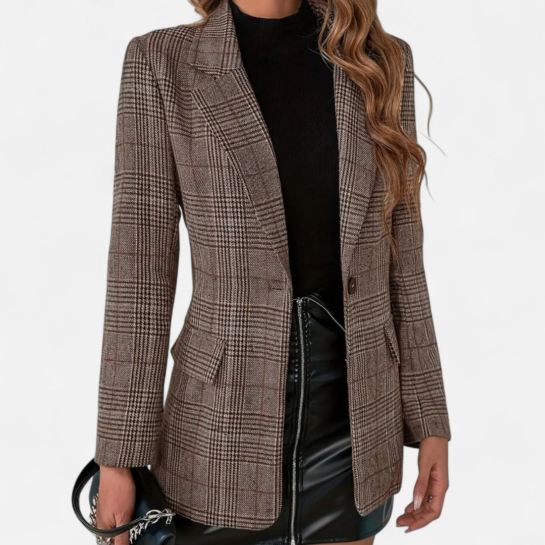 Damenkarierter Blazer mit einreihiger Knopfleiste, taillierte Passform, Braun
