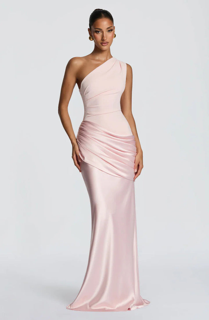Sidonie einseitig geschultertes, drapiertes Maxikleid aus Satin