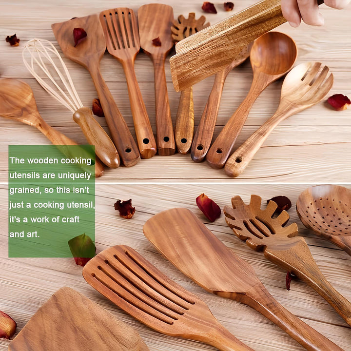 Küchenutensilien-Set aus Teakholz, 11-teilig | Mit Halter | Naturholz