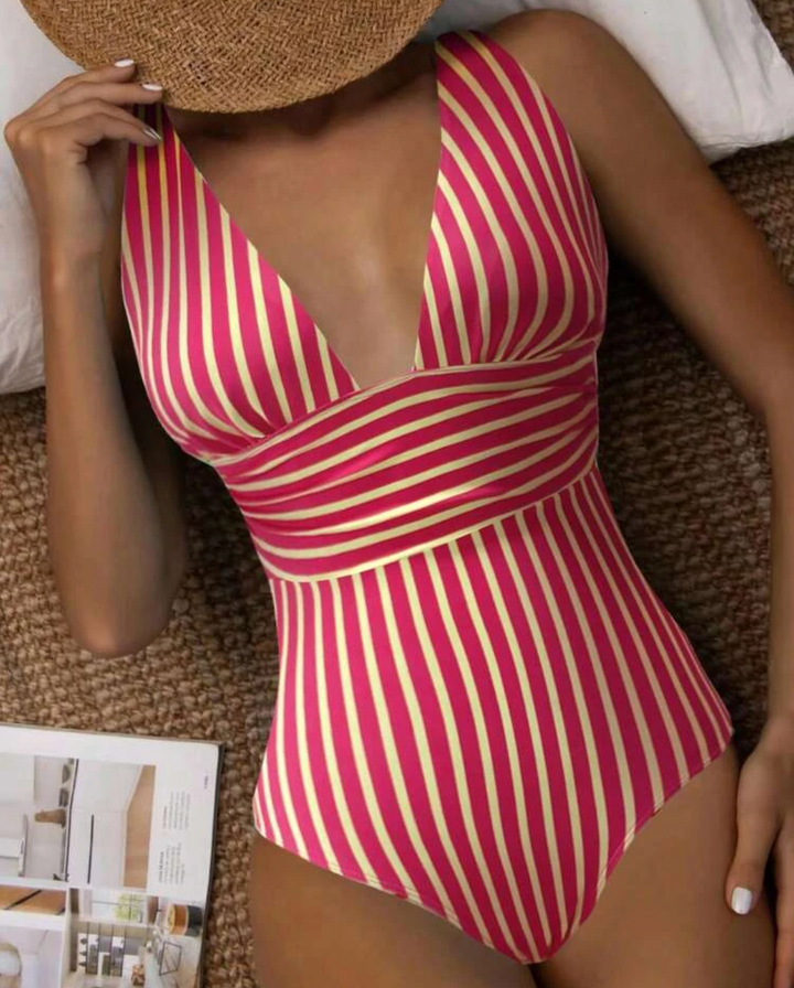 Damen Badeanzug für den Sommer mit tiefem V-Ausschnitt und Streifen