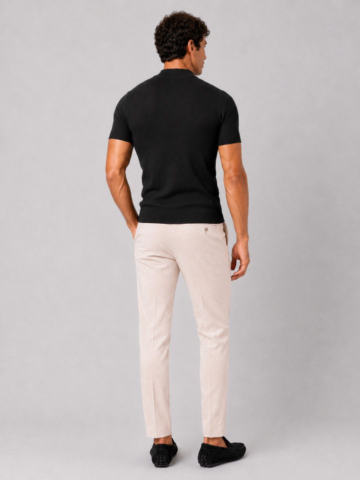 Herren-Ripp-T-Shirt mit Stehkragen – figurbetontes Stretch-Kurzarm-Top