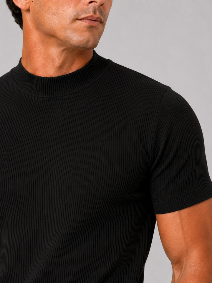 Herren-Ripp-T-Shirt mit Stehkragen – figurbetontes Stretch-Kurzarm-Top
