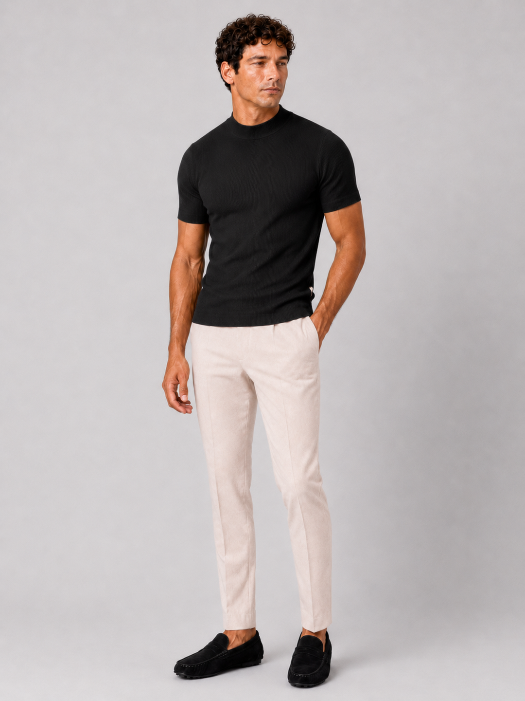Herren-Ripp-T-Shirt mit Stehkragen – figurbetontes Stretch-Kurzarm-Top