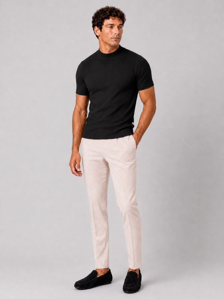 Herren-Ripp-T-Shirt mit Stehkragen – figurbetontes Stretch-Kurzarm-Top