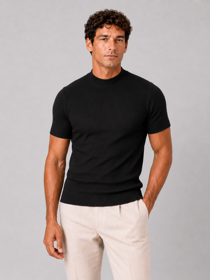 Herren-Ripp-T-Shirt mit Stehkragen – figurbetontes Stretch-Kurzarm-Top