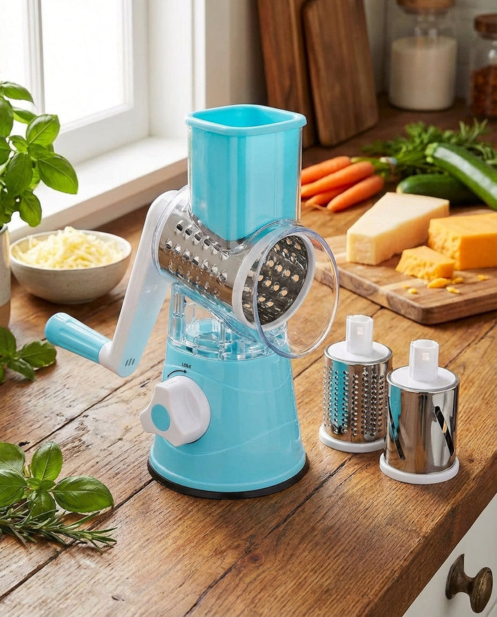 3-in-1 Rotationsgemüseschneider mit Saugfuß und austauschbaren Trommeln