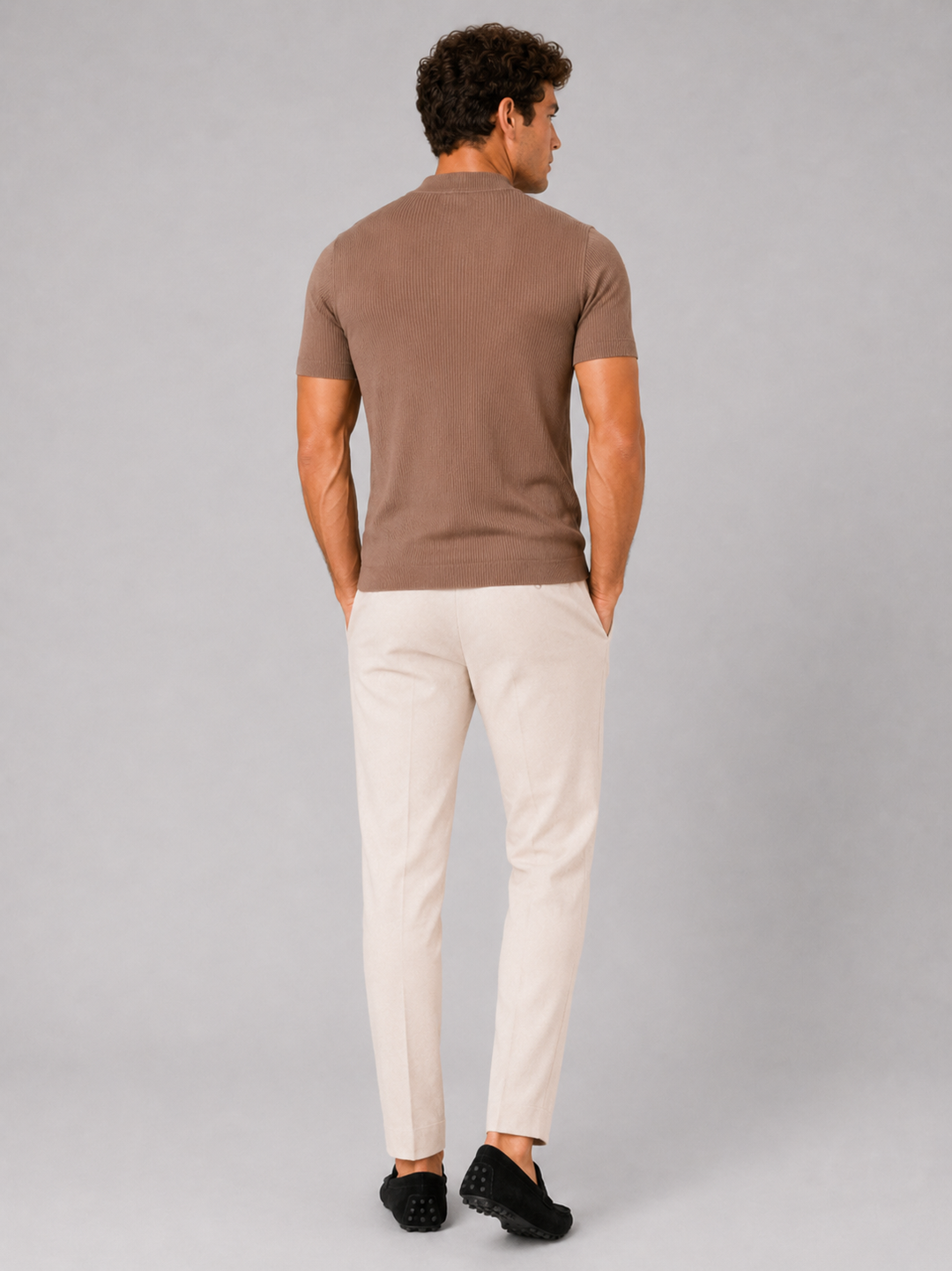 Herren-Ripp-T-Shirt mit Stehkragen – figurbetontes Stretch-Kurzarm-Top