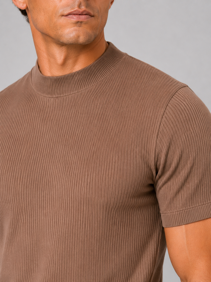 Herren-Ripp-T-Shirt mit Stehkragen – figurbetontes Stretch-Kurzarm-Top