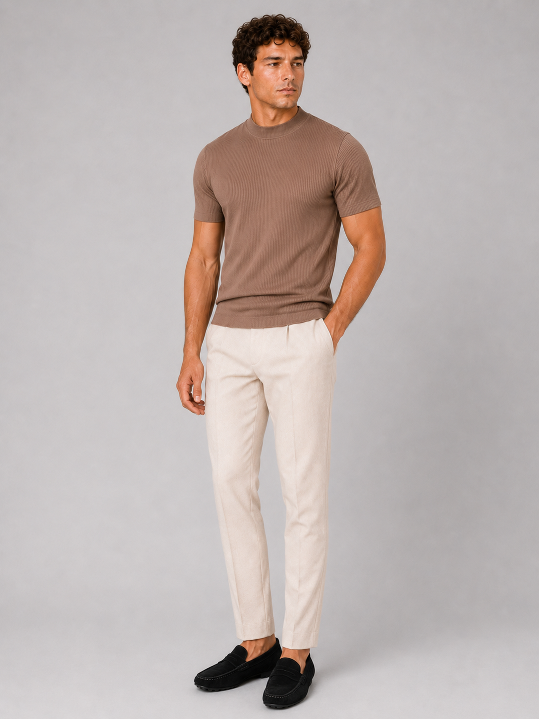 Herren-Ripp-T-Shirt mit Stehkragen – figurbetontes Stretch-Kurzarm-Top