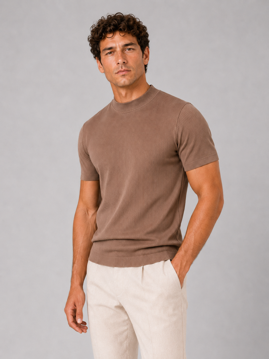Herren-Ripp-T-Shirt mit Stehkragen – figurbetontes Stretch-Kurzarm-Top