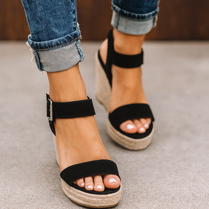 Espadrille-Sandalen mit Absatz und offener Spitze