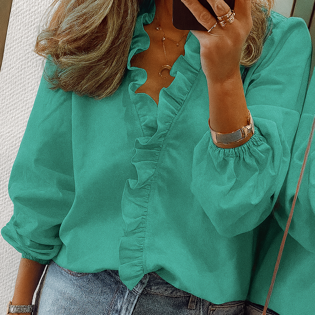 Bluse mit Rüschenbesatz in Blaugrün und Puffärmeln