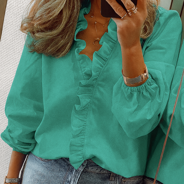 Bluse mit Rüschenbesatz in Blaugrün und Puffärmeln