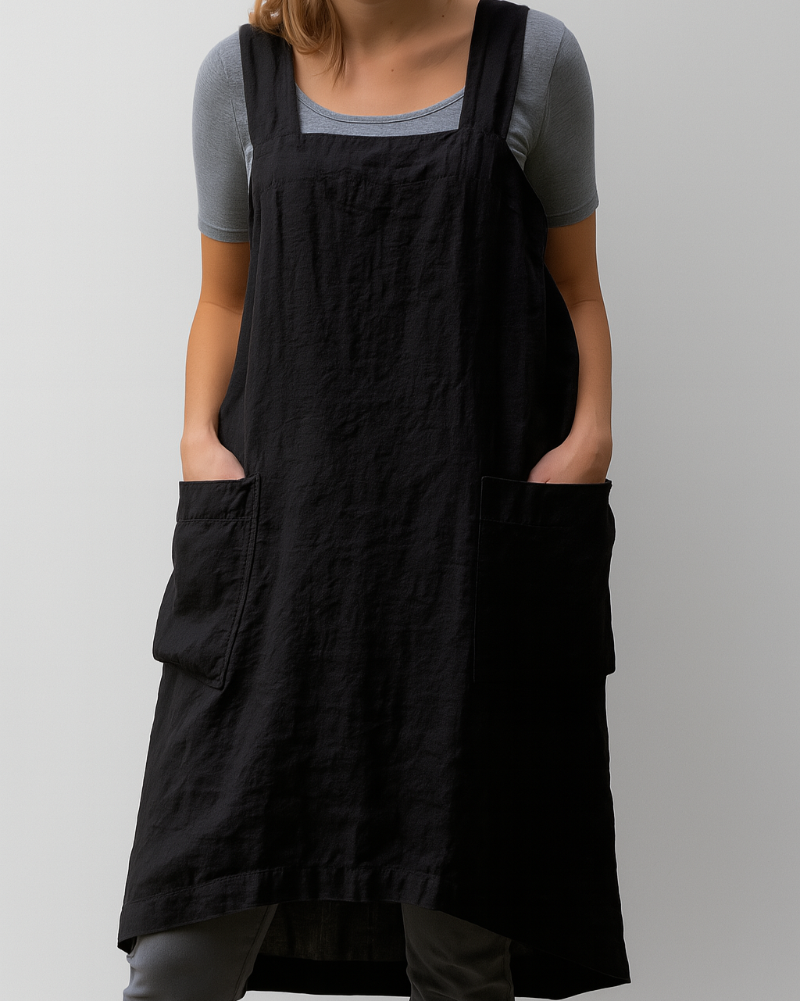 Damenkleid im Stil einer Baumwoll-Leinen-Schürze mit Taschen