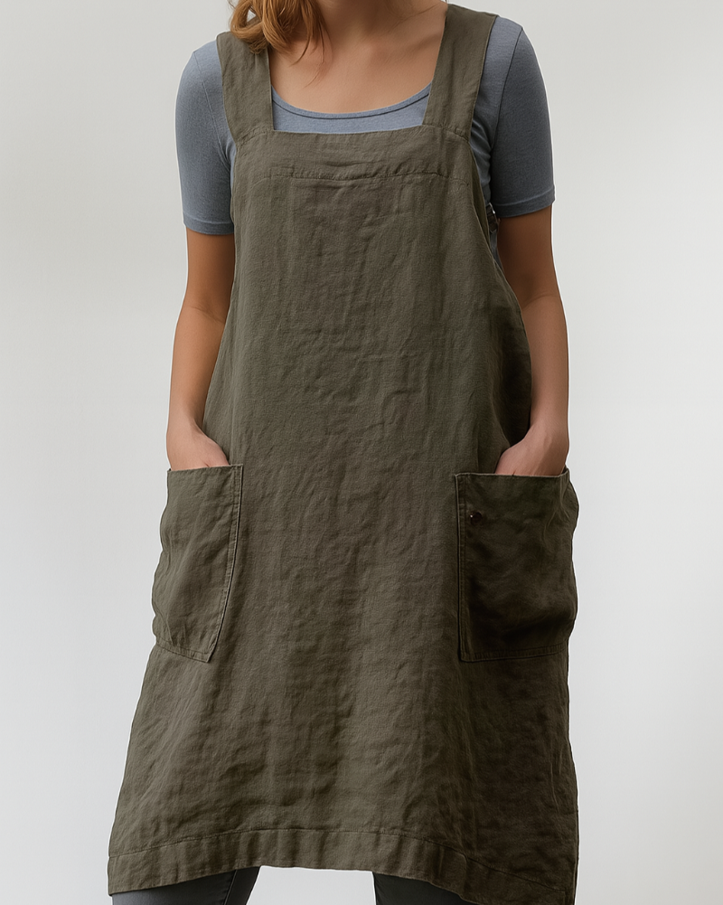 Damenkleid im Stil einer Baumwoll-Leinen-Schürze mit Taschen