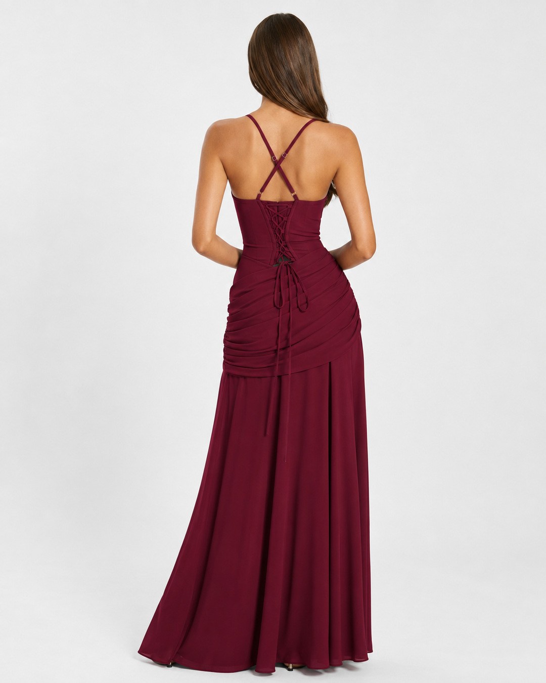 Fließendes Maxikleid aus Chiffon mit Wasserfallausschnitt und Schnürung am Rücken