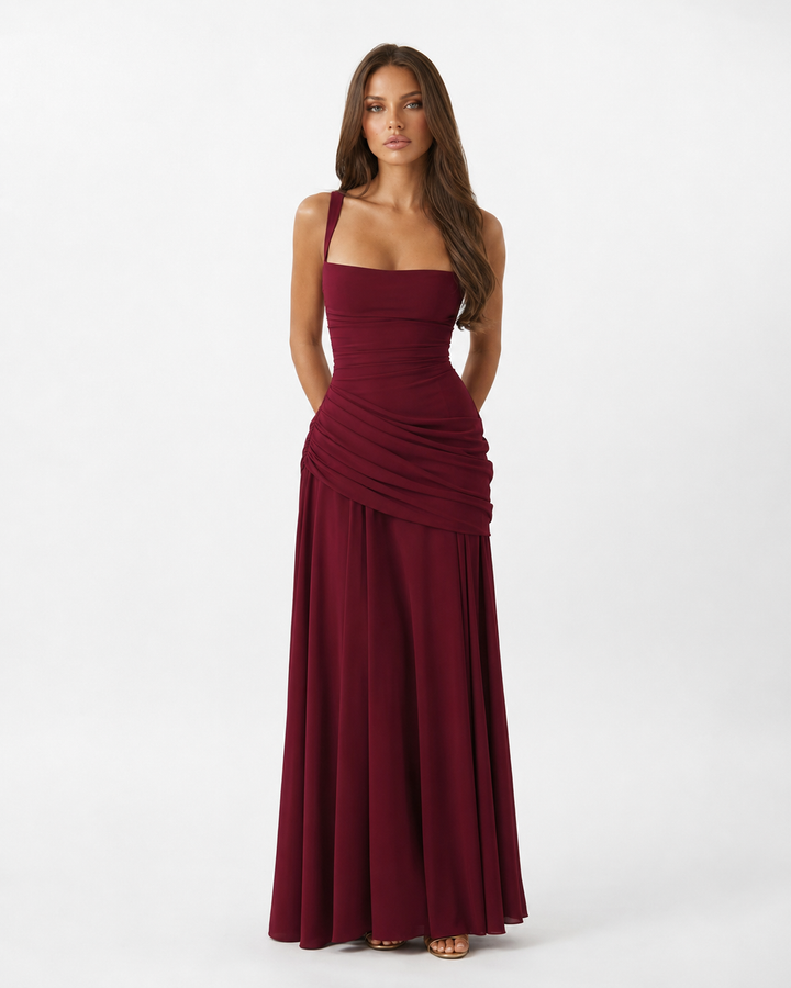 Fließendes Maxikleid aus Chiffon mit Wasserfallausschnitt und Schnürung am Rücken