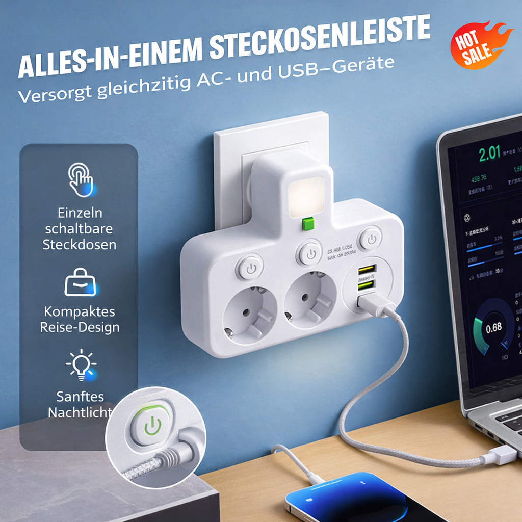 Steckdosenleiste mit USB und Schaltern | Mehrfachsteckdosen-Überspannungsschutz 2500 W
