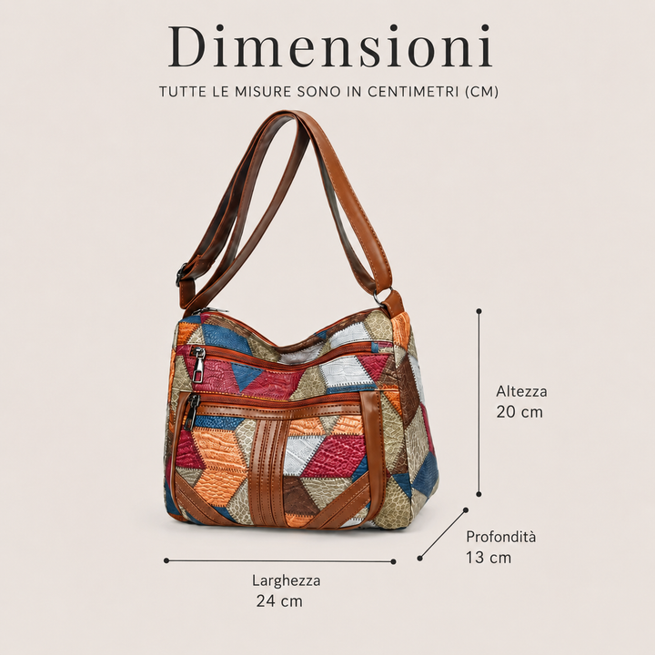Patchwork-Tasche für den Alltag mit Einsätzen aus Kunstleder.