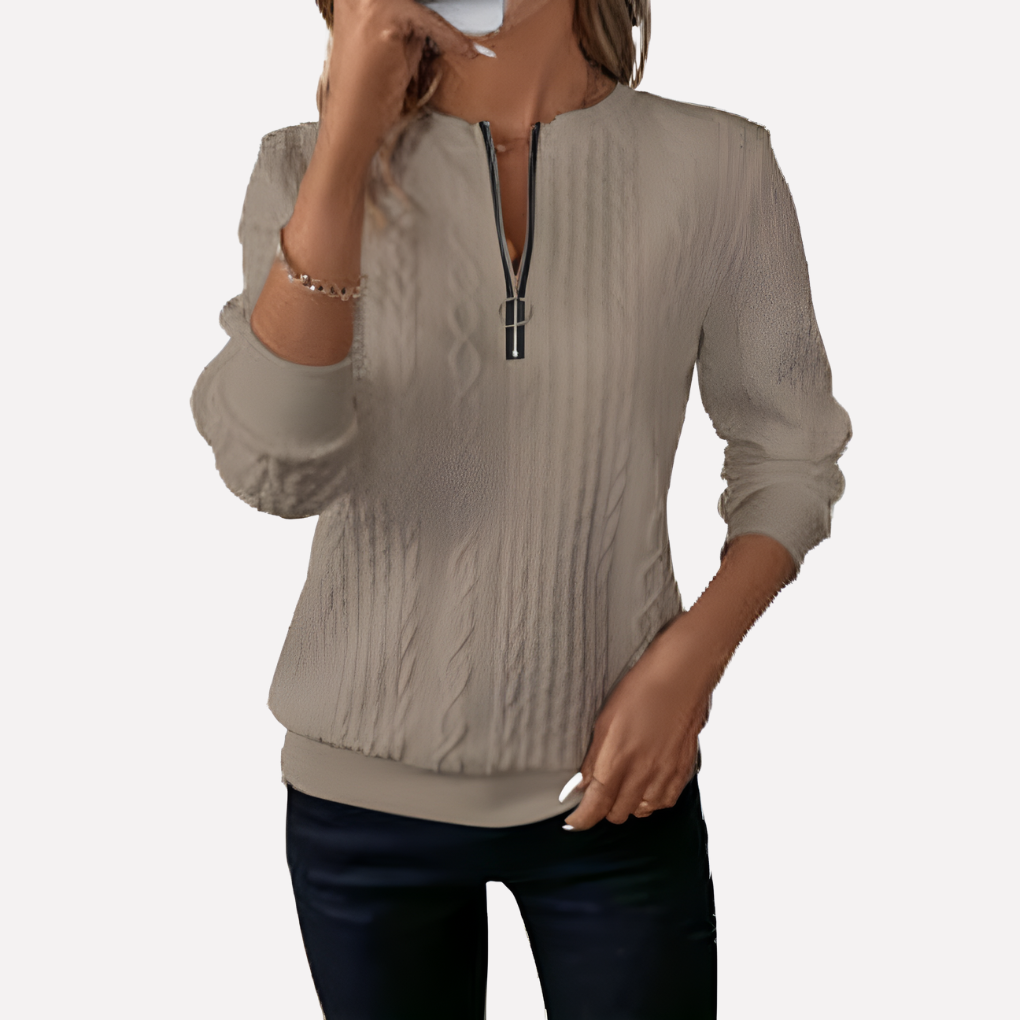 Damen Kabelstrickpullover mit Reißverschluss am Kragen