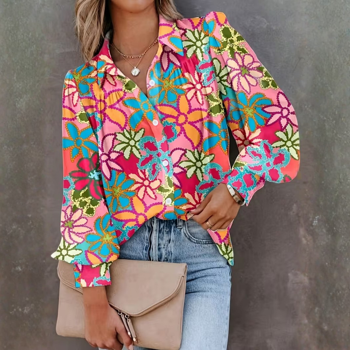 Damen Langarmhemd mit Floralprint und Knopfleiste