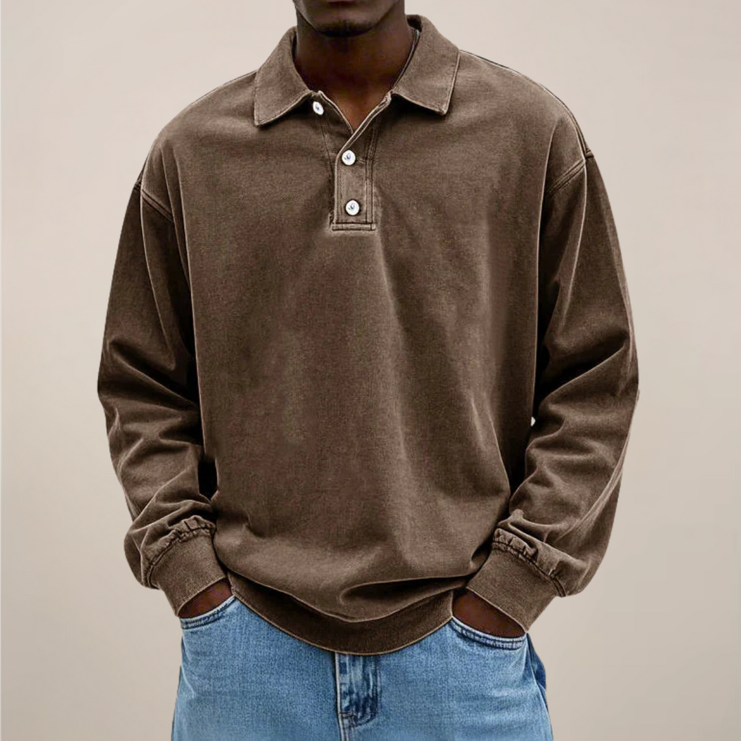 Herren-Langarm-Poloshirt mit Knopfleiste und lockerer Passform