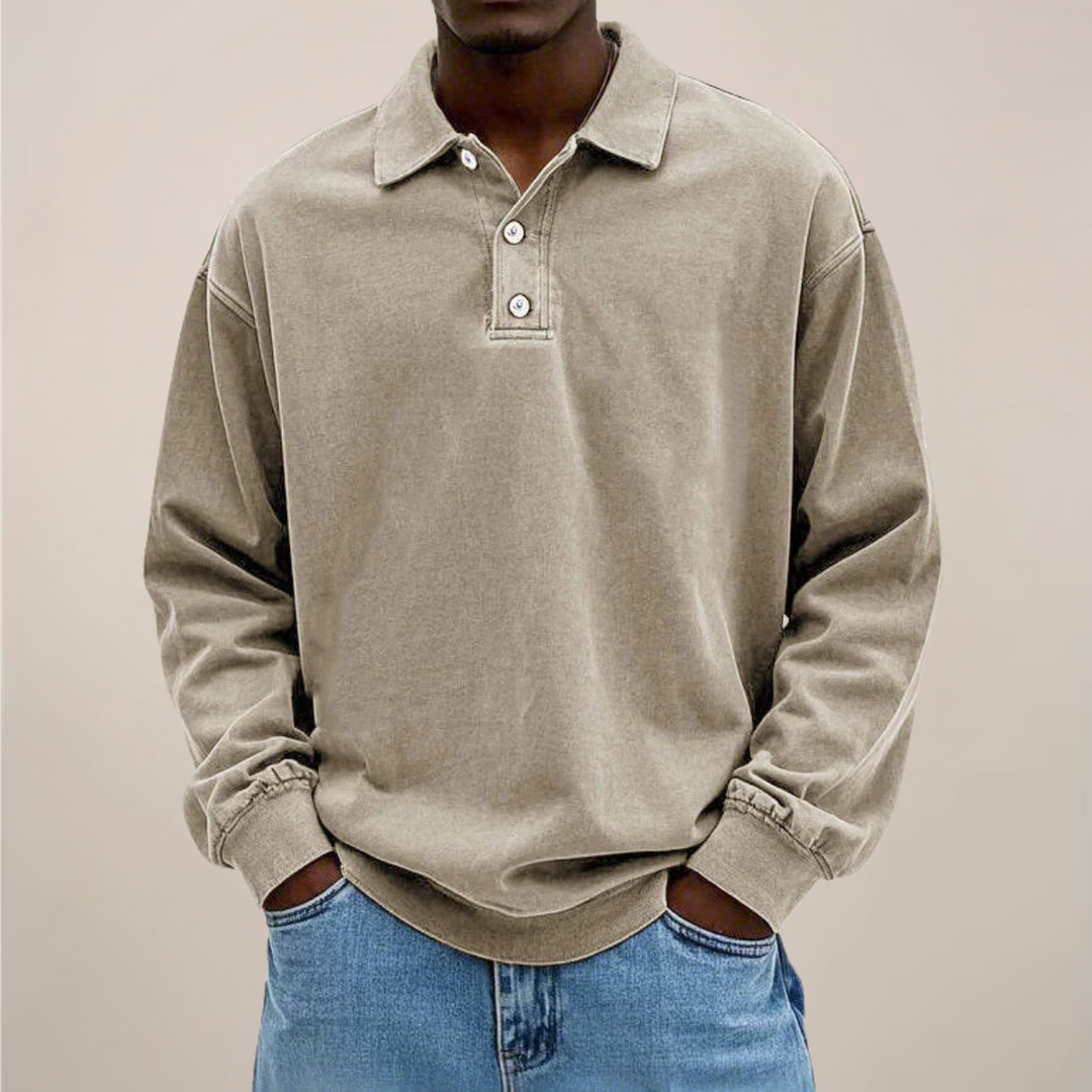 Herren-Langarm-Poloshirt mit Knopfleiste und lockerer Passform