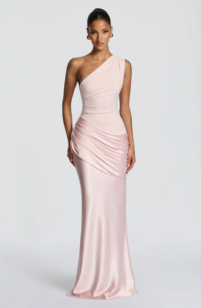 Sidonie einseitig geschultertes, drapiertes Maxikleid aus Satin