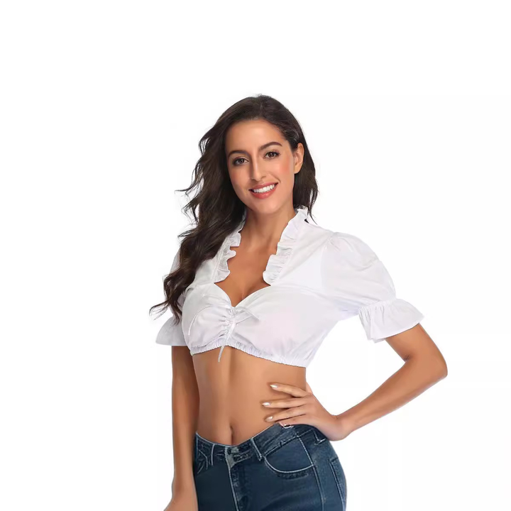 Dirndl Oktoberfest Bluse mit Rüschenkragen und Bindeband für Trachtenoutfits