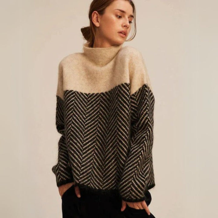 Damen Oversized Rollkragenpullover Mit Fischgrätmuster Für Herbst Und Winter – Eleganter Stil Und Hoher Komfort