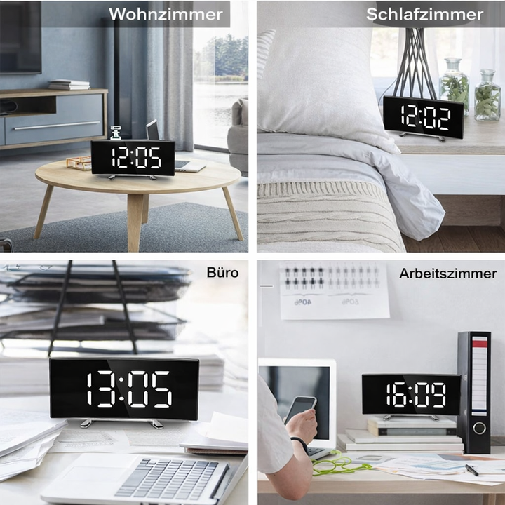 Digitaler Wecker | Gebogenes LED-Spiegeldisplay | Automatische Helligkeitsanpassung
