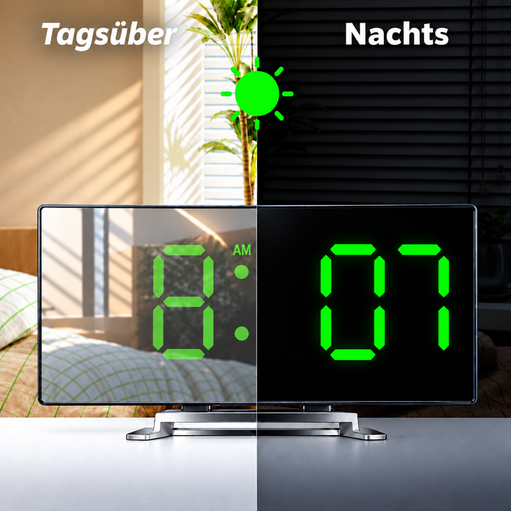 Digitaler Wecker | Gebogenes LED-Spiegeldisplay | Automatische Helligkeitsanpassung
