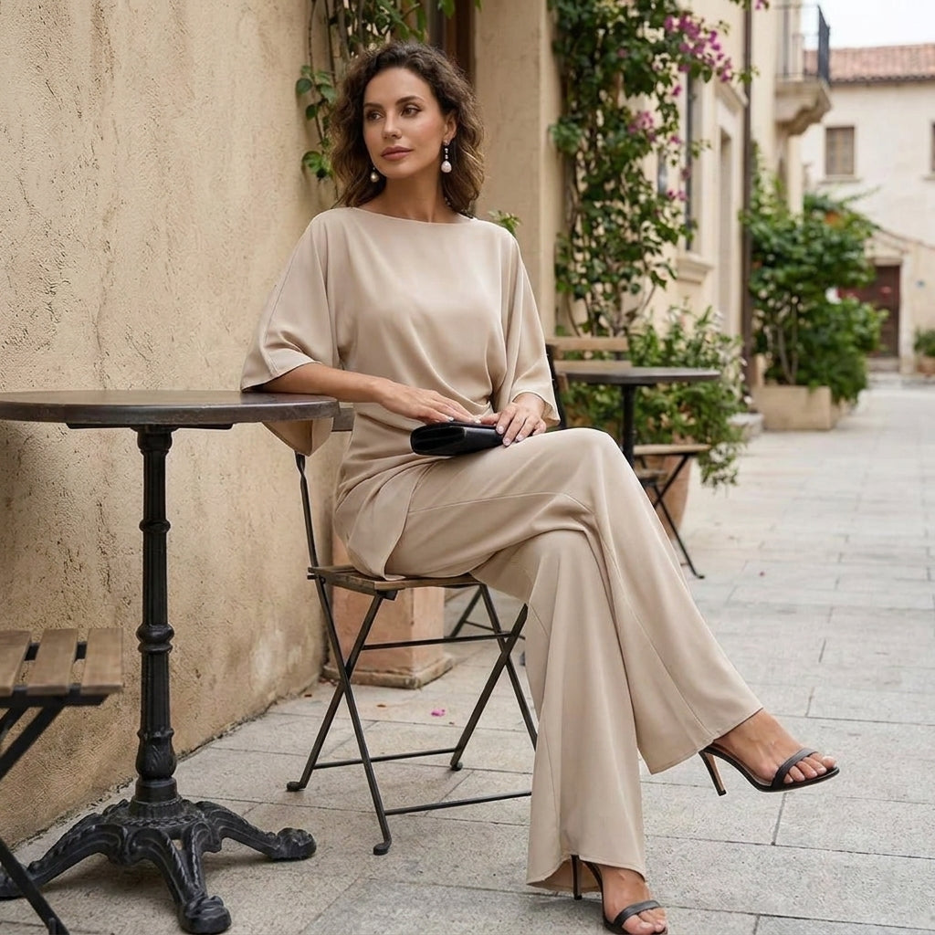 Drapierte Bluse und Hose mit weitem Bein – Zweiteiler