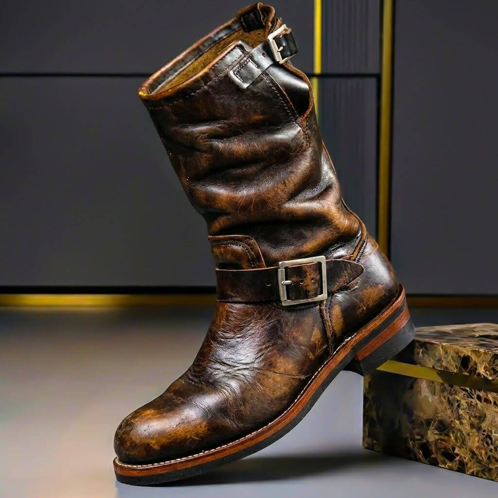 Herren-Engineer-Stiefel aus echtem Leder mit Schnalle – wadenhoch, für Herbst und Winter