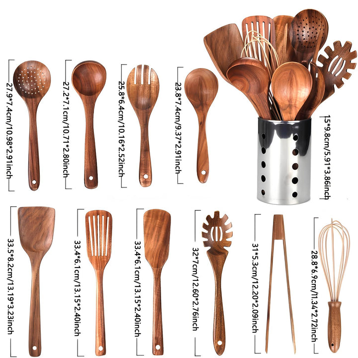 Küchenutensilien-Set aus Teakholz, 11-teilig | Mit Halter | Naturholz