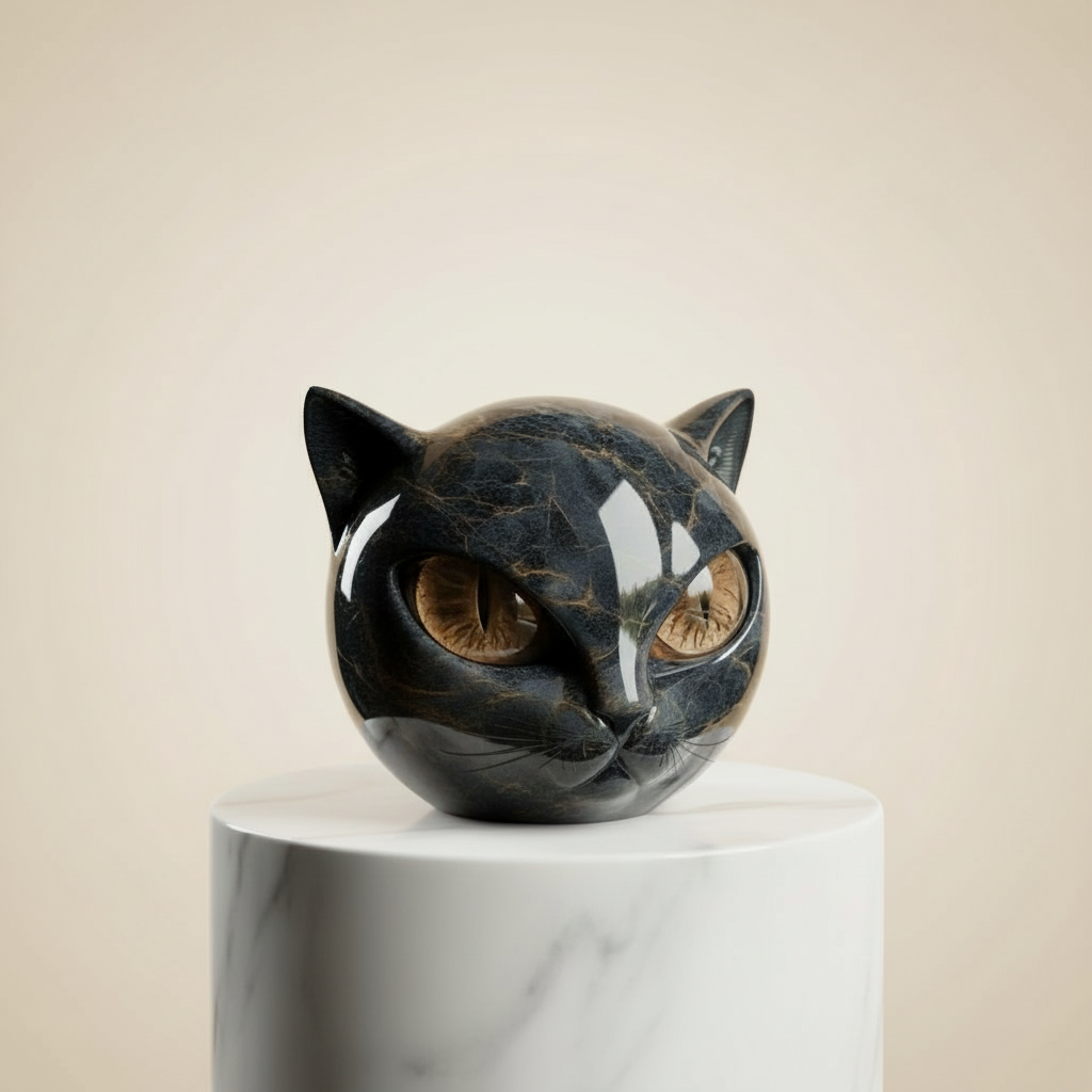 NoirCat Skulptur – Schwarzer Katzenkopf mit Hypnotischen Augen