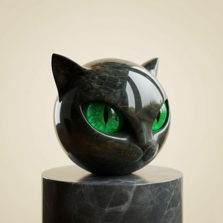 NoirCat Skulptur – Schwarzer Katzenkopf mit Hypnotischen Augen