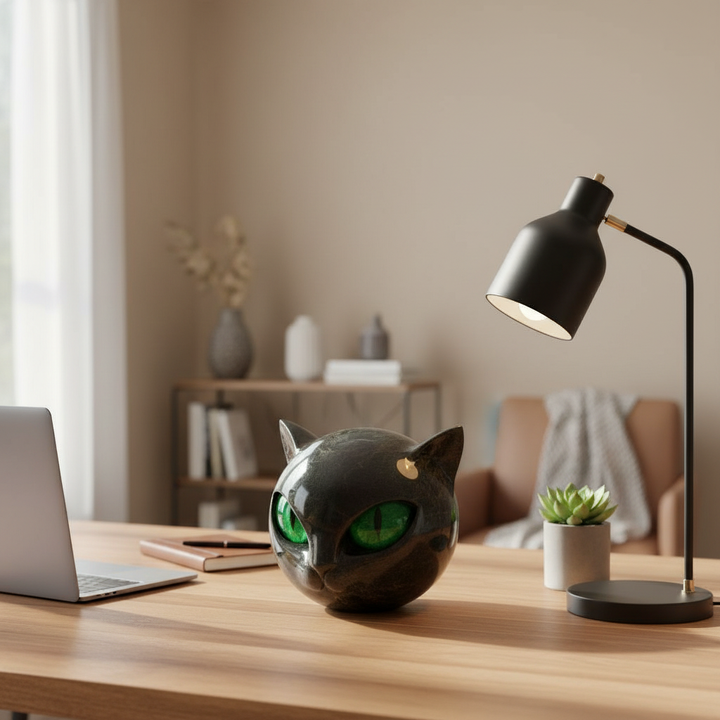NoirCat Skulptur – Schwarzer Katzenkopf mit Hypnotischen Augen