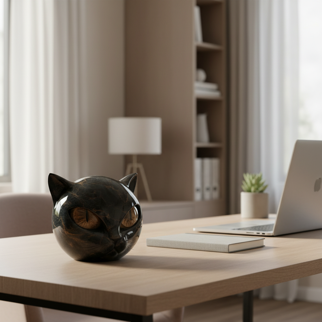 NoirCat Skulptur – Schwarzer Katzenkopf mit Hypnotischen Augen