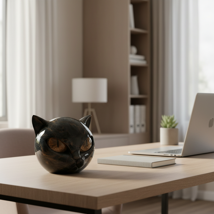 NoirCat Skulptur – Schwarzer Katzenkopf mit Hypnotischen Augen