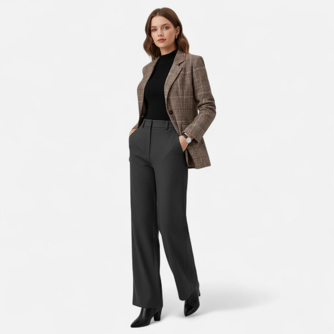 Damenkarierter Blazer mit einreihiger Knopfleiste, taillierte Passform, Braun